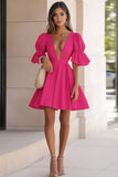 Fuchsia V Neck Half Sleeves Short Cocktail Dress