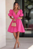 Fuchsia Puff Sleeves Satin A Line Short Cocktail Dress