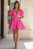 Fuchsia Satin Puff Sleeves V Neck Short Cocktail Dress