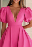 Fuchsia Satin Puff Sleeves V Neck Short Cocktail Dress