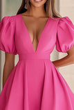 Hot Pink A Line Puff Sleeves Short Prom Dress