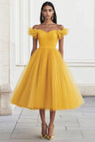 Off The Shoulder Yellow A Line Pleated Prom Dress
