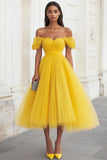 Yellow Off The Shoulder A Line Pleated Prom Dress