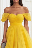 Yellow Off The Shoulder A Line Pleated Prom Dress