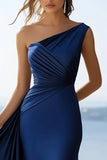 One Shoulder Mermaid Navy Ruched Formal Dress