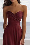 Strapless A Line Ruched Burgundy Formal Dress