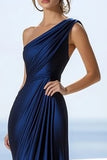 One Shoulder Navy Mermaid Ruched Formal Dress