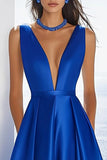 Royal Blue V-Neck A Line Satin Formal Dress