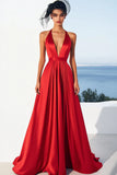 Halter Red A Line Satin Formal Dress