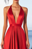 Halter Red A Line Satin Formal Dress