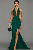 Mermaid Black Halter Satin Long Formal Dress with Slit