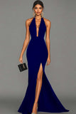 Mermaid Black Halter Satin Long Formal Dress with Slit
