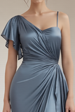 One Shoulder A Line Ruched Grey Blue Formal Dress