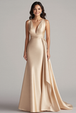 Champagne V Neck Sheath Long Formal Dress with Side Streamer
