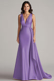 Champagne V Neck Sheath Long Formal Dress with Side Streamer