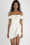 Off The Shoulder A Line White Graduation Dress With Ruffles