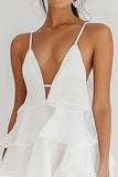 A Line V-Neck Ruffled White Graduation Dress