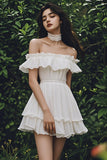 Off The Shoulder A Line Ivory Ruffled Graduation Dress