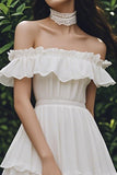 Off The Shoulder A Line Ivory Ruffled Graduation Dress