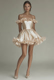 Off The Shoulder Champagne A Line Ruffled Graduation Dress