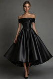 Off The Shoulder A Line Satin Black Tie Dress