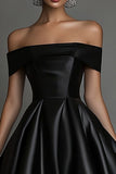Off The Shoulder A Line Satin Black Tie Dress