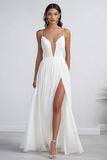 A Line Chiffon White Graduation Dress with Slit