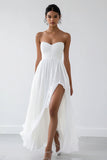 Strapless White A Line Long Wedding Dress with Slit