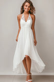 Lace Halter High-Low White Graduation Dress