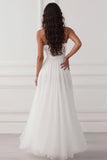 White Spaghetti Straps A Line Long Wedding Dress with Slit