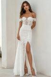 Off The Shoulder White Lace A Line Long Wedding Dress with Slit