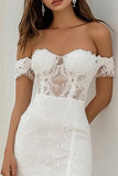 Lace Off The Shoulder White Long Engagement Dress with Slit