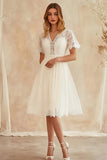 Ivory V-Neck A Line Lace Graduation Dress