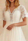 Ivory V-Neck A Line Lace Graduation Dress