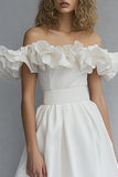 Off the Shoulder Satin A Line Ruffled Little White Dress