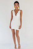 Satin V-Neck Bodycon Ruffled Little White Dress
