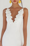Satin V-Neck Bodycon Ruffled Little White Dress