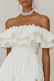 Off the Shoulder Pleated Ruffled Little White Dress