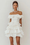 Off the Shoulder Tiered Satin A Line Little White Dress