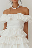 Off the Shoulder Tiered Satin A Line Little White Dress