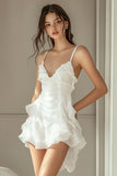 A Line Ivory V Neck Graduation Dress With Ruffles