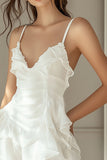 A Line Ivory V Neck Graduation Dress With Ruffles