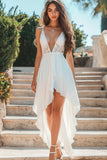 A Line White V Neck High-Low Graduation Dress
