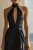 Black Chiffon Halter High-Low Graduation Dress with Keyhole