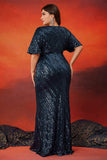 Navy Sparkly Sheath V Neck Long Mother Of The Bride Dress