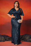 Navy Sparkly Sheath V Neck Long Mother Of The Bride Dress
