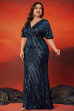 Navy Sparkly Sheath V Neck Long Mother Of The Bride Dress
