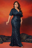 Navy Sparkly Sheath V Neck Long Mother Of The Bride Dress