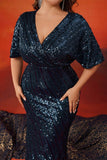 Navy Sparkly Sheath V Neck Long Mother Of The Bride Dress