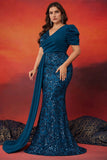 Sparkly Mermaid Blue V Neck Mother Of The Bride Dress